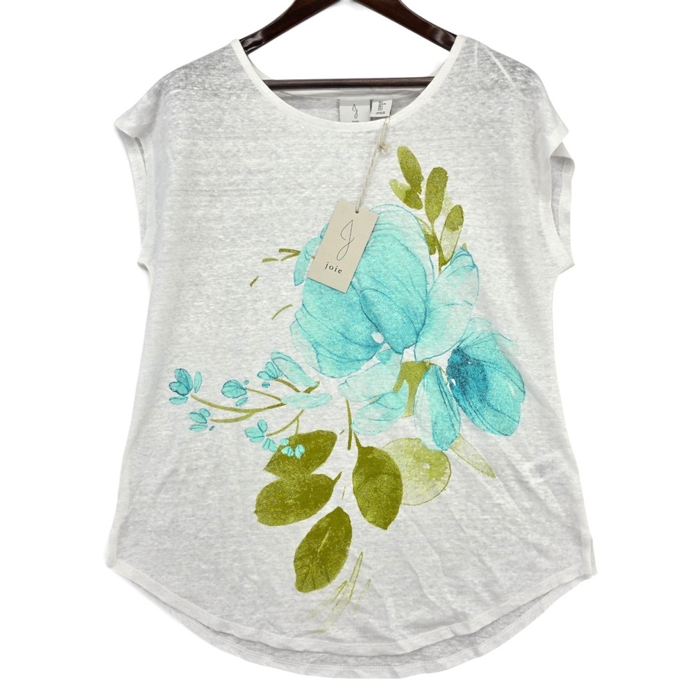 joie 100% Linen Floral Tee Large White Blue Lightweight Boho Coastal NWT